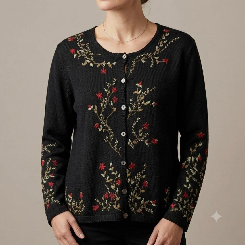 Peruvian Connection Black Floral Embroidered Cardigan Sweater Women's Size Large
